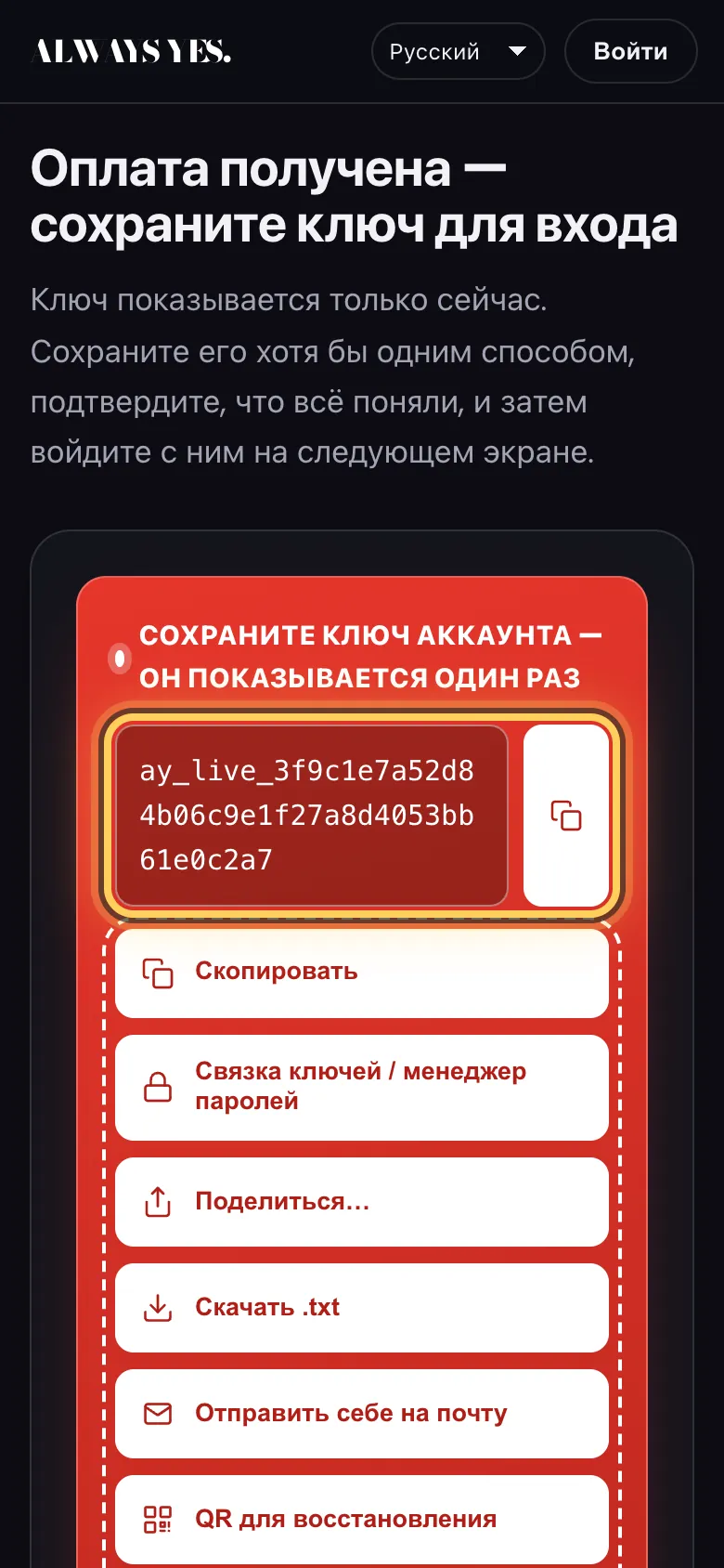 Шаг 4: Платёж получен — ключ для входа появляется только один раз