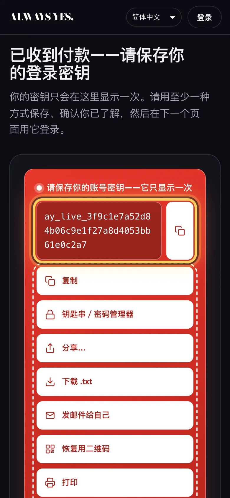 步骤 4: 已收到款项 — 登录密钥只会出现一次