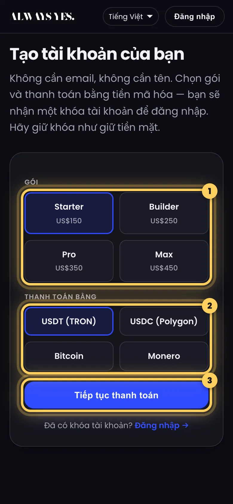 Bước 1: Chọn gói và đồng coin