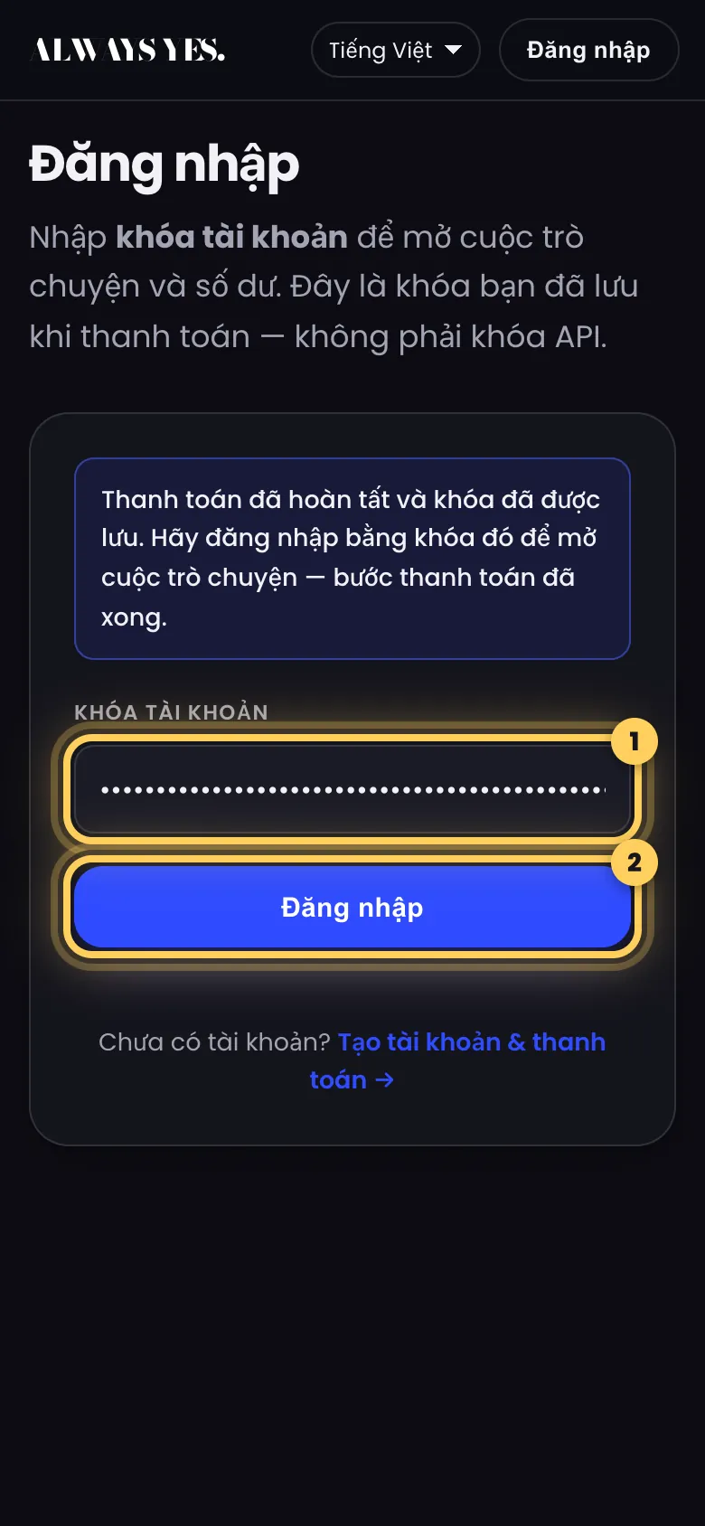 Bước 7: Đăng nhập bằng khóa bạn vừa lưu
