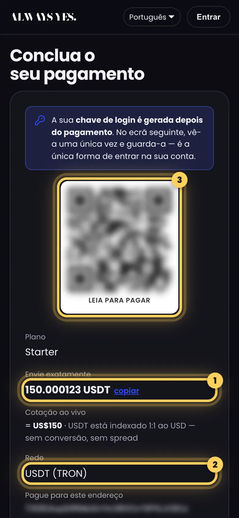 Passo 2: Leia o ecrã de pagamento com atenção