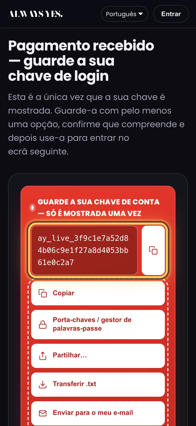 Passo 4: Pagamento recebido — a sua chave de acesso aparece uma só vez