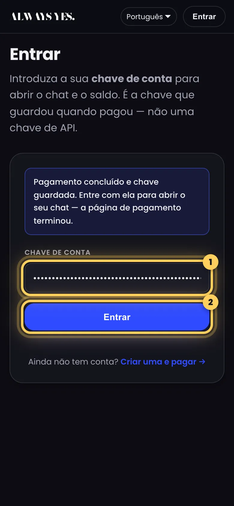 Passo 7: Inicie sessão com a chave que acabou de guardar