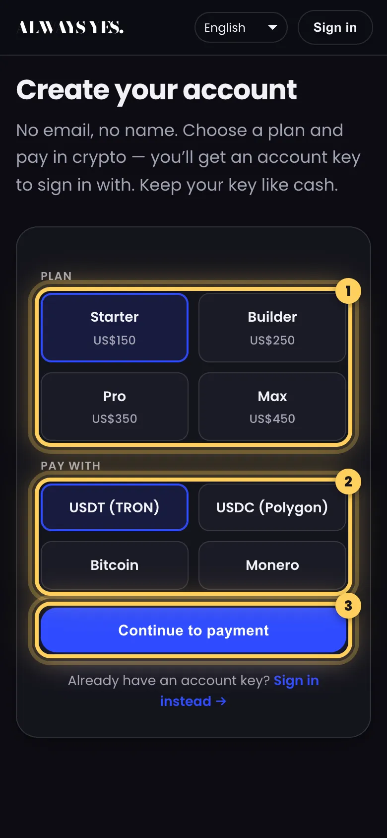 Step 1: Choose a plan and a coin