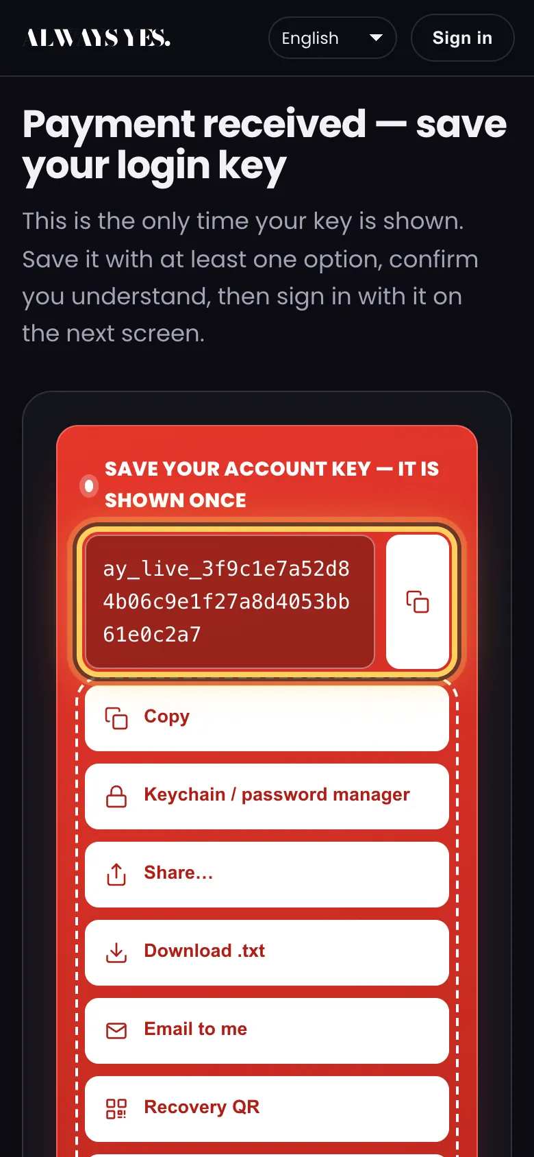 Step 4: Payment received — your login key appears once