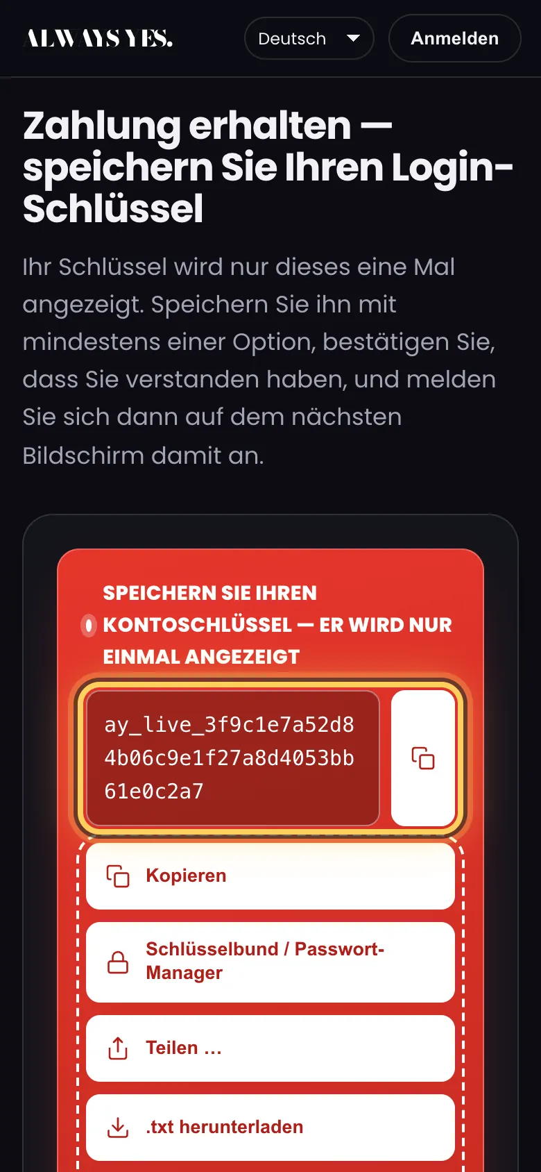 Schritt 4: Zahlung erhalten — Ihr Login-Schlüssel erscheint nur einmal